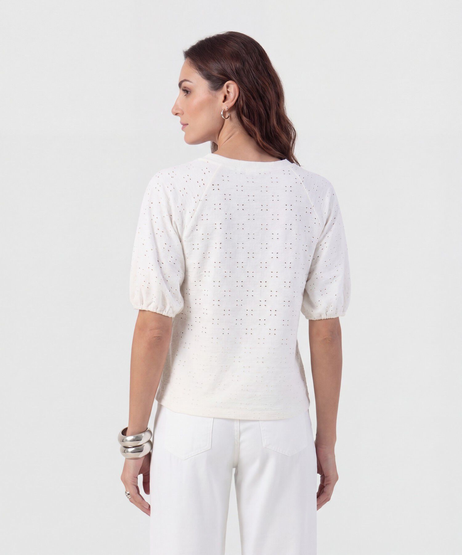 Camiseta Manga Globo Con Ojalillo Para Mujer