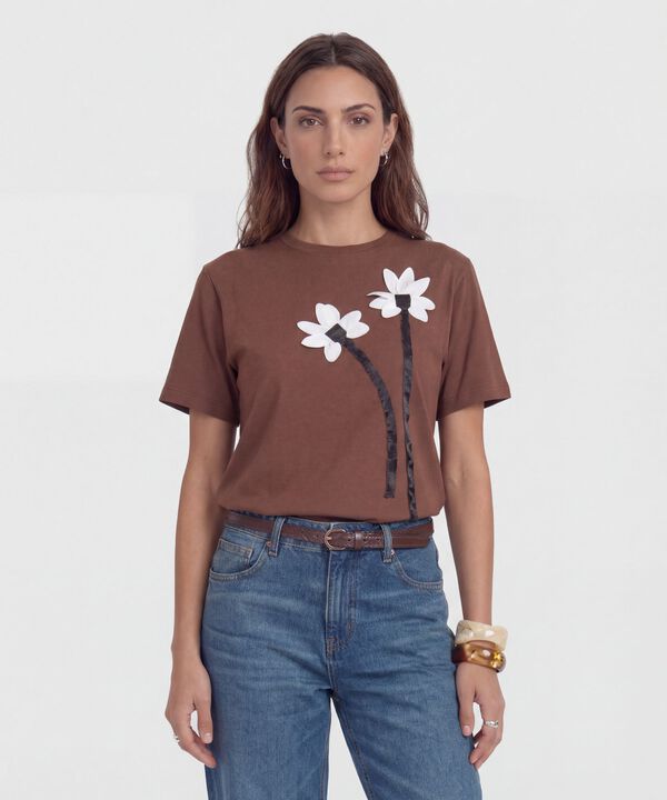 Camiseta con Apliques de Flores Para Mujer image number null