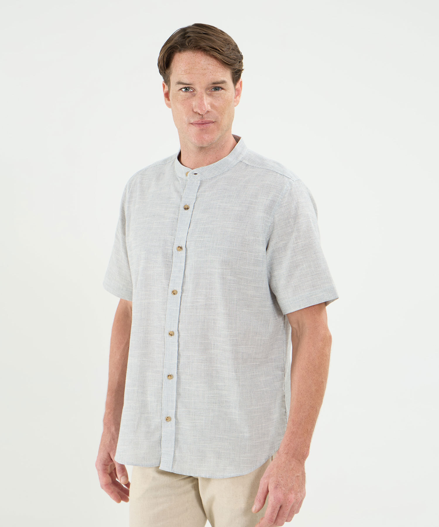 Camisa Manga Corta Cuello Neru Lino Para Hombre