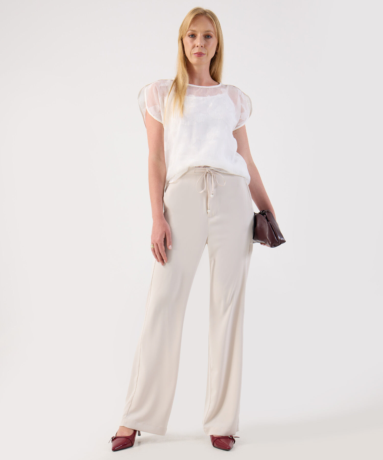 Pantal&oacute;n Fluido Palazzo Beige con Lazo