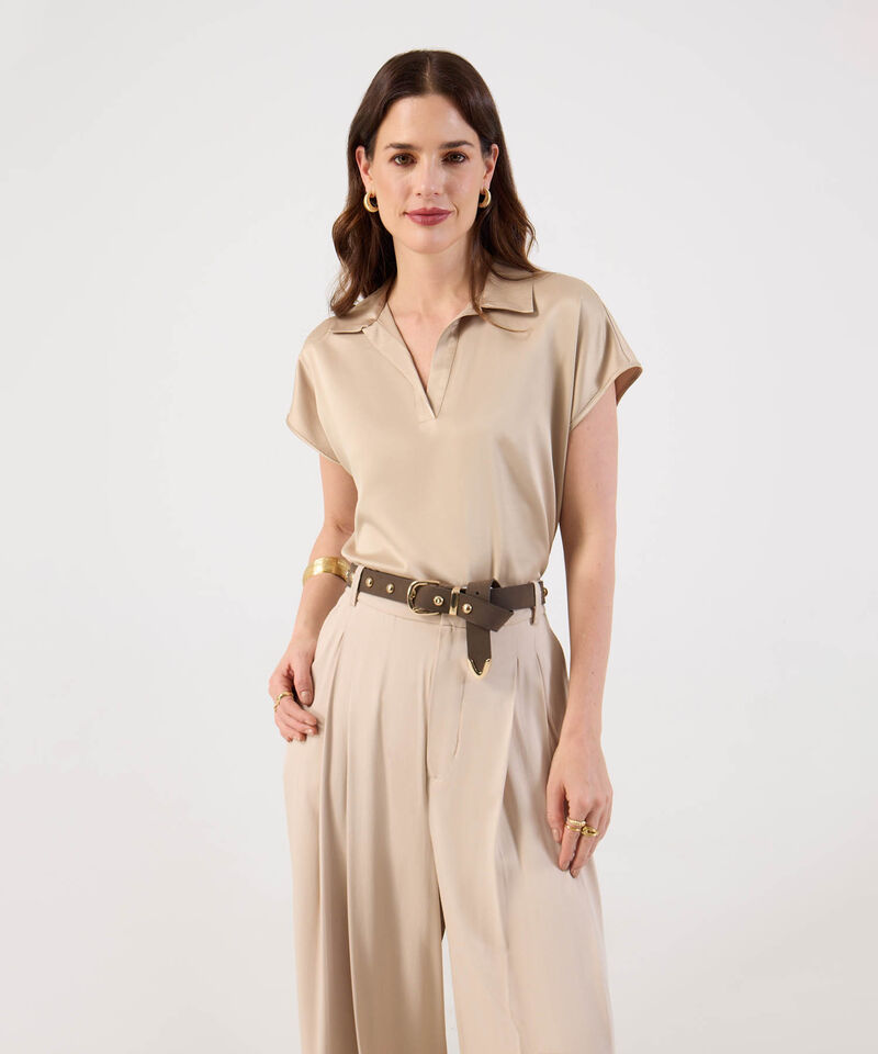 Blusa Unicolor Con Cuello Camisero Para Mujer