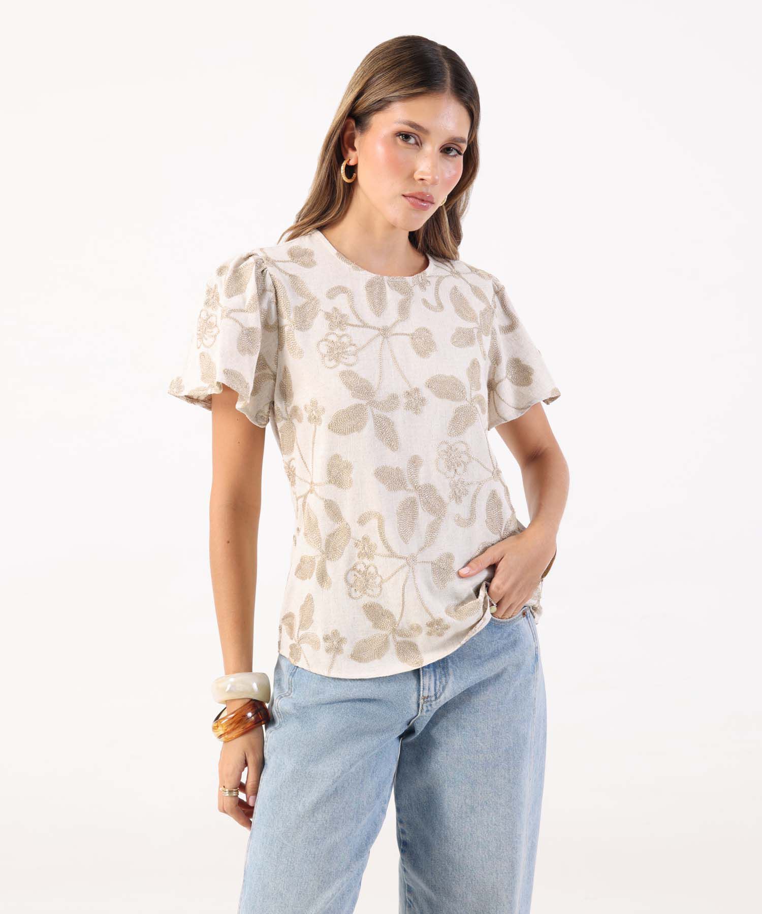 Blusa Con Manga Mariposa Y Cuello Redondo