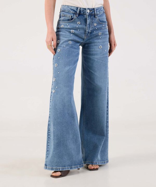 Jean Wide Leg Con Apliques De Perlas Para Mujer image number null