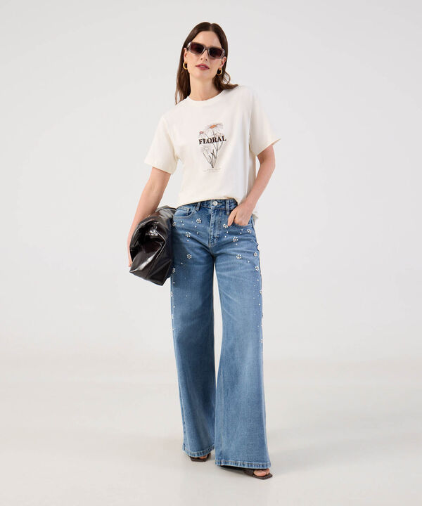 Jean Wide Leg Con Apliques De Perlas Para Mujer