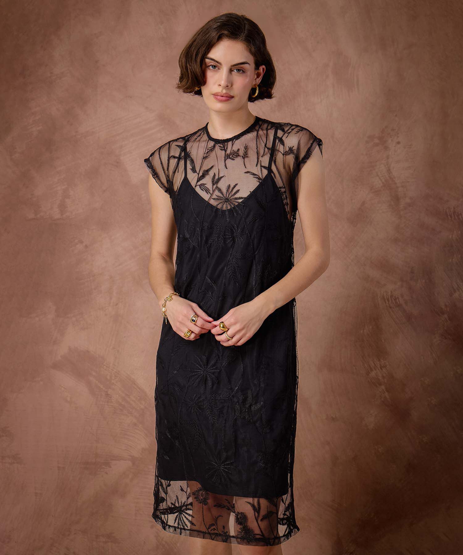 Vestido Corto Mujer Encaje Bordado Transparente